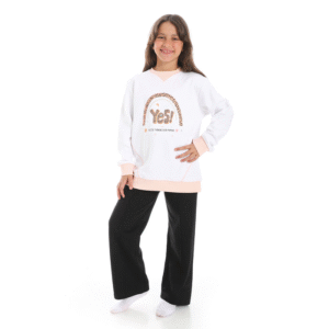 Girls Winter Pajama Set – Off White Hoodie and Black Pants